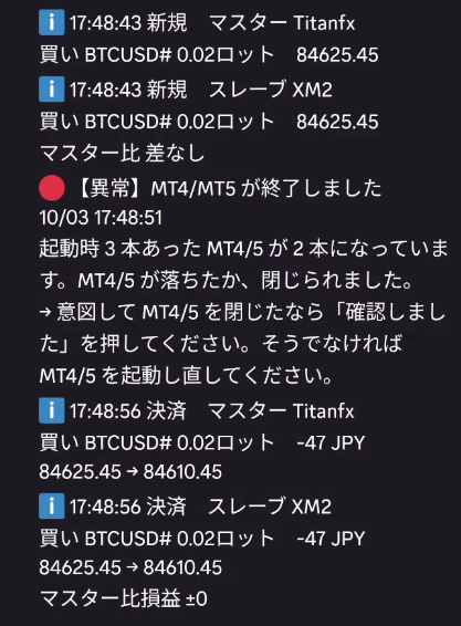 スマホのDiscordに届いた通知の例。マスターとスレーブの新規、MT4/5が終了したときの赤い異常の通知と対処の方法、マスターとスレーブの決済が順に並んでいる