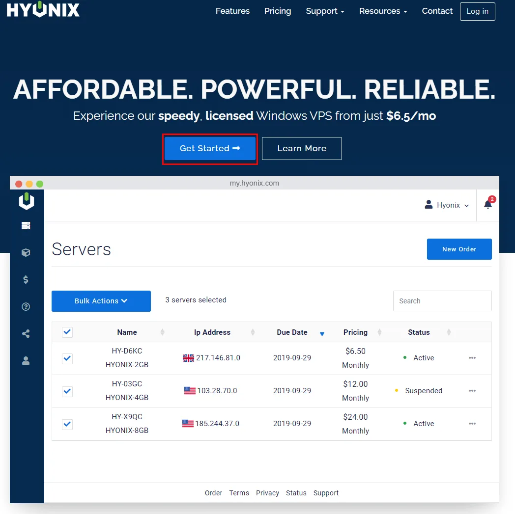 HYONIXの申し込み手順 1：「Get Started」を押す